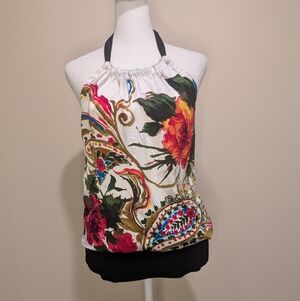 Body Central Multicolor Floral Halter Top With Thick Black Waist Band